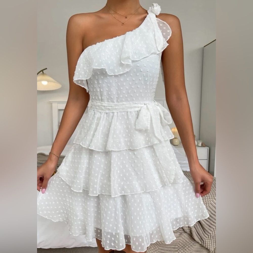 White One-Shoulder Ruffle Dress - Picture 4 of 5